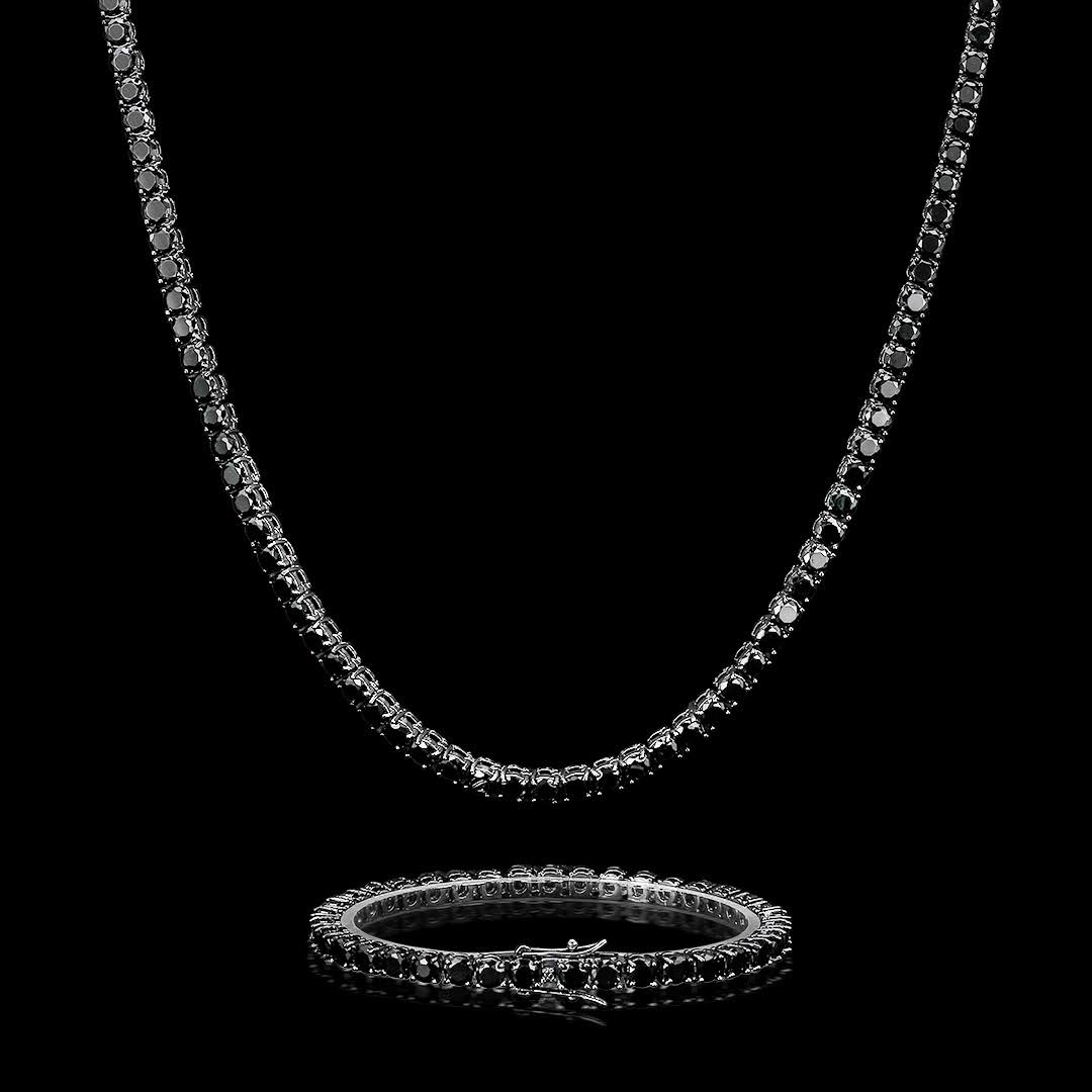 18k Black Gold Tennis Chain & Bracelet Set 5mm Black Stones