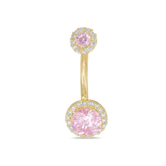 014 Gauge Pink And White Cubic Zirconia Frame Belly Button Ring In Solid 10k