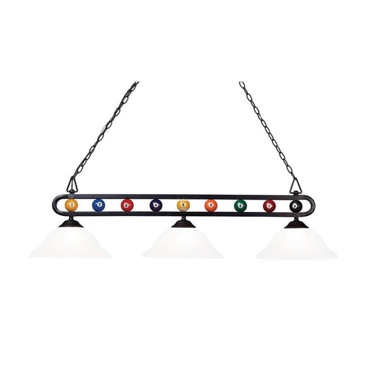 3 Light Pool Table Island Chandelier With Billiard Balls In Matte Black Steel And Glass Shades 51 Inches W X 14 Inches Glass