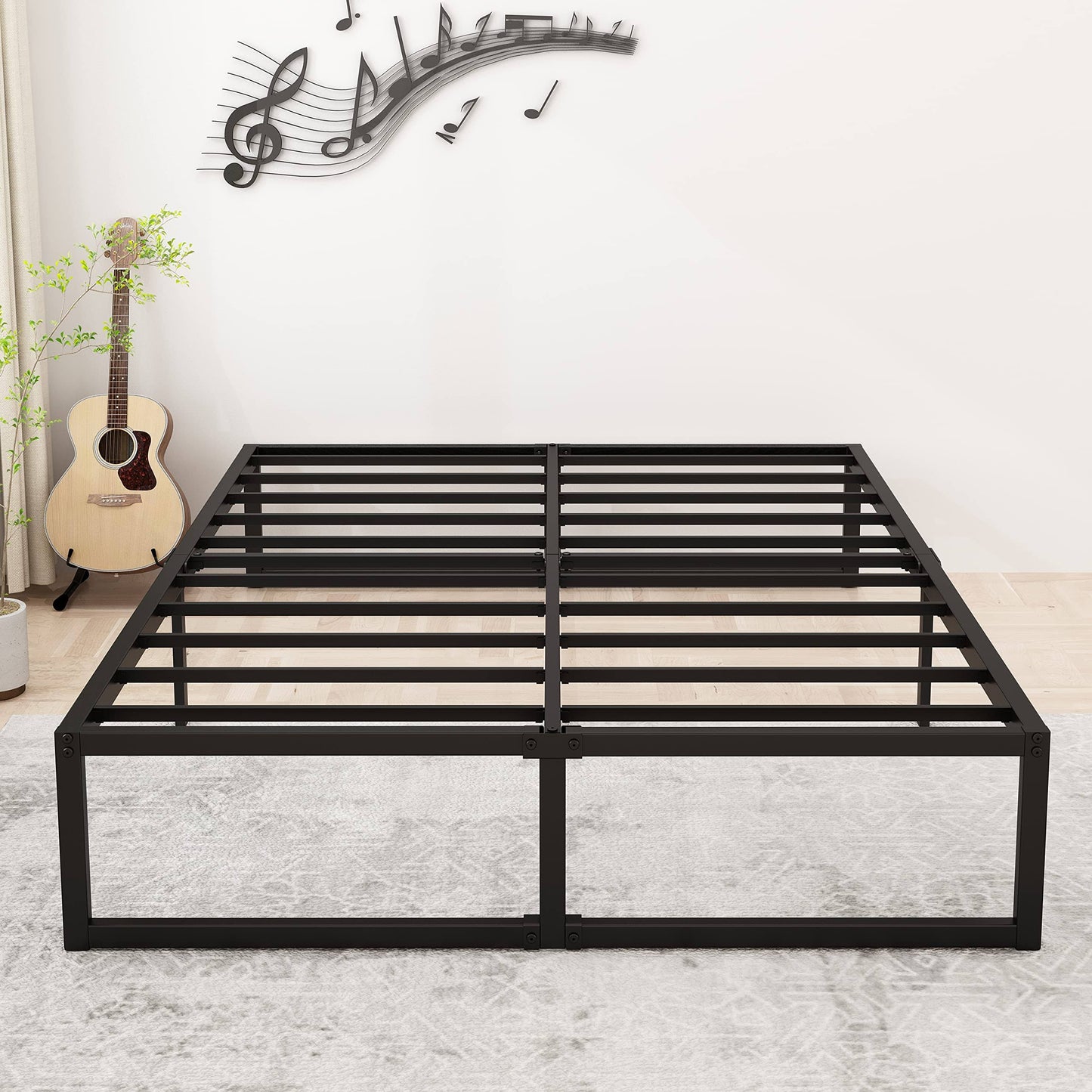 14 Inch Queen Bed Frame Heavy Duty Steel Slat Support Metal Platform Bed Frame Queen Size No Box Spring Needed, Easy Assembly, Black