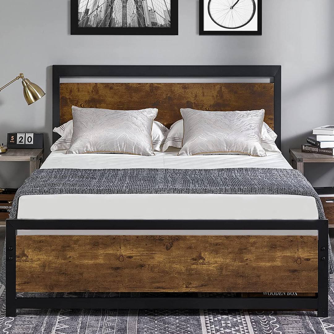 17 Stories Queen Size Bed Frame With Wooden Headboard Queen Platform Bed Frame With Industrial Footboard/Heavy Duty Steel/Strong 4 U-Shaped Support F