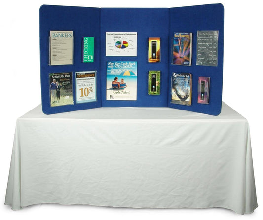 3-Panel Tabletop Display Presentation Board, 72 X 36, No Plastic Edging - Hook & Loop-Receptive Fabric, Blue