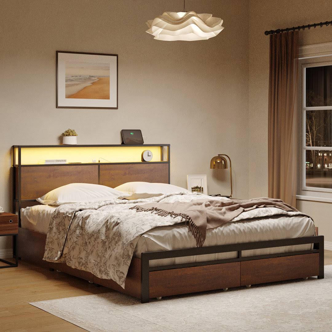 17 Stories Antioch Bed Frame With 4 Drawers, Metal Frame With Led Light And Outlet