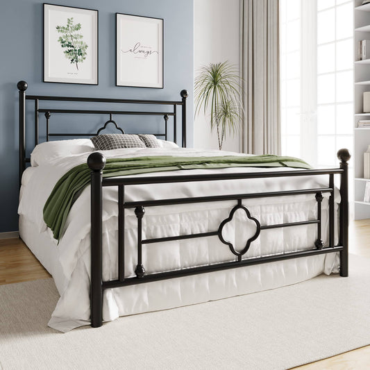 14 Inch Queen Size Metal Platform Bed Frame, Vintage Victorian Style, Wrought Iron Headboard And Footboard/Mattress Foundation For Storage/No